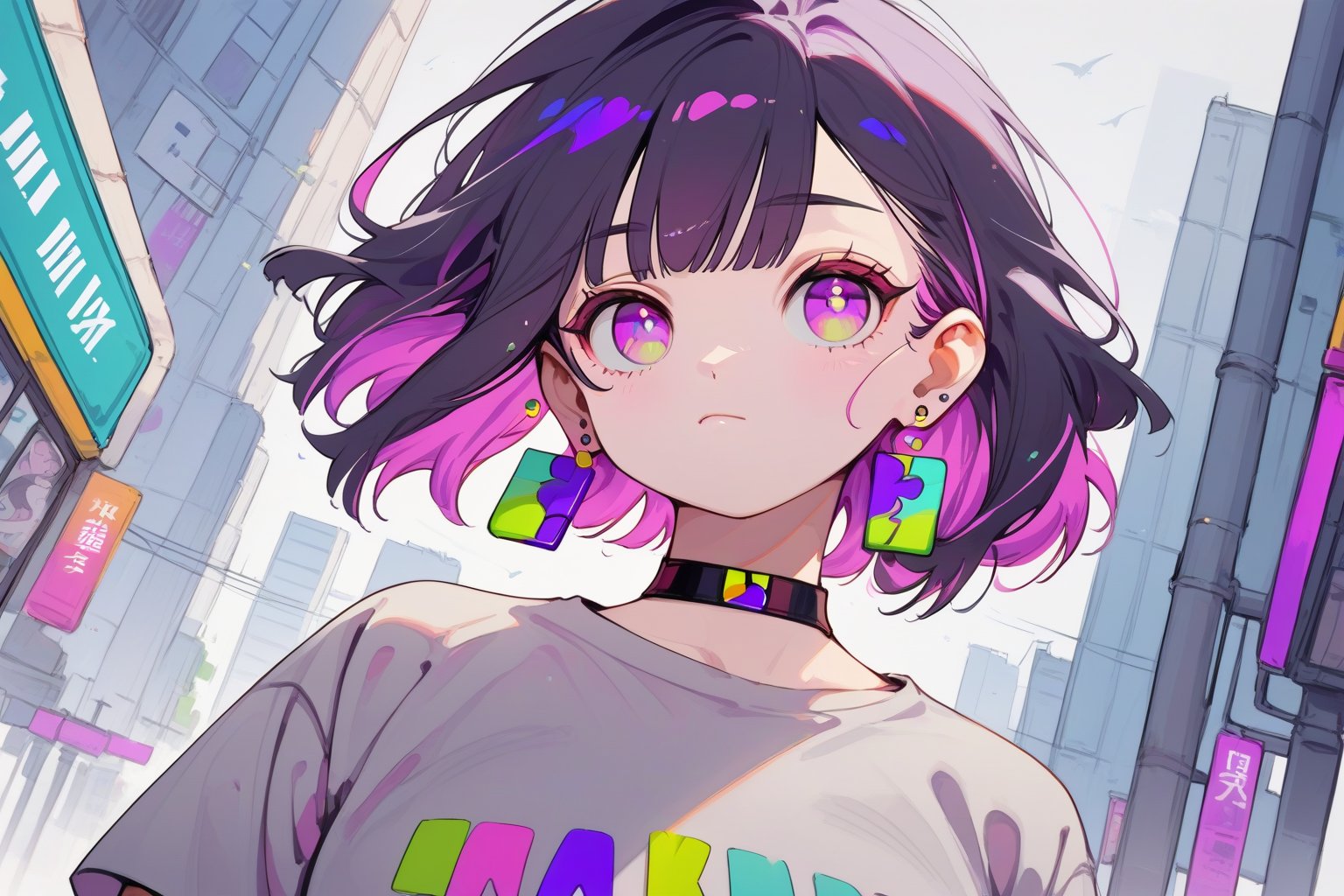 score_9_up,score_8_up, source_anime, (solo),1girl, vanishing point,atmospheric perspective, dutch angle,three quarter view,tokyo,

 ,short hair, bangs, shirt, black hair, jewelry, closed mouth, standing, purple eyes, pink hair, purple hair, short sleeves, multicolored hair, earrings, choker, pink eyes, two-tone hair, grey shirt,


,earrings,

,Nira-Chan-StudyMe,score_9,Eyes