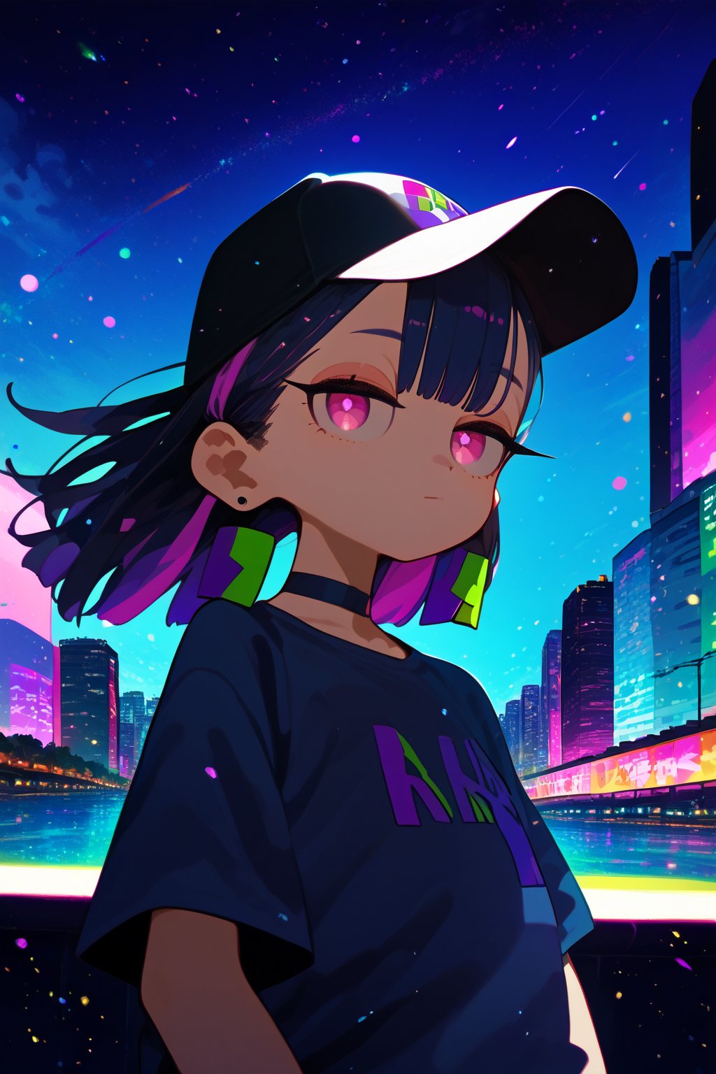 solo,1girl, dutch angle,night,city,short hair, blunt bangs, black hair, closed mouth, pink eyes, purple hair, multicolored hair, two-tone hair,half closed eyes, cowboy_shot ,Nira-Chan-StudyMe,shirt, short sleeves, grey_shirt, choker,earring,baseball cap,black_cap,from_below,particles,blue sky,background detail,

,Nira-Chan,Colorful art,Vivid Colors,spot_colors, score_9, score_8, score_7, score_6, Nira-Chan-StudyMe