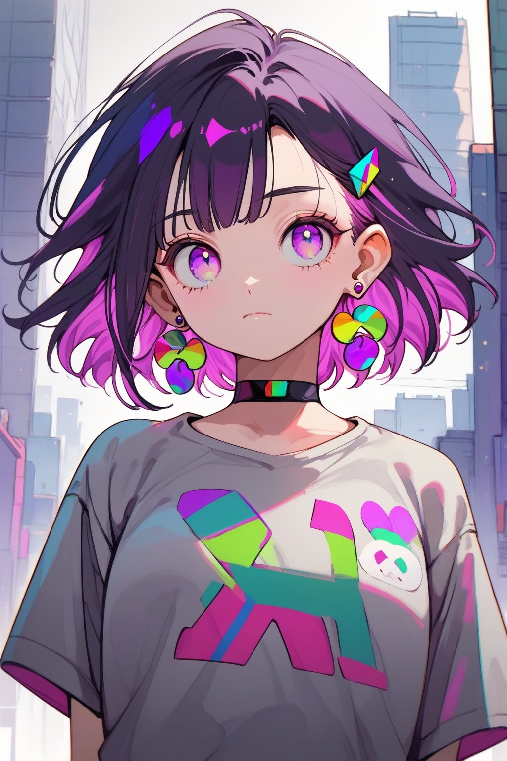 score_9_up,score_8_up, source_anime, (solo),1girl, vanishing point,atmospheric perspective, dutch angle,three quarter view,tokyo,

 ,short hair, bangs, shirt, black hair, jewelry, closed mouth, standing, purple eyes, pink hair, purple hair, short sleeves, multicolored hair, earrings, choker, pink eyes, two-tone hair, grey shirt,


,earrings,

,Nira-Chan-StudyMe,score_9,Eyes