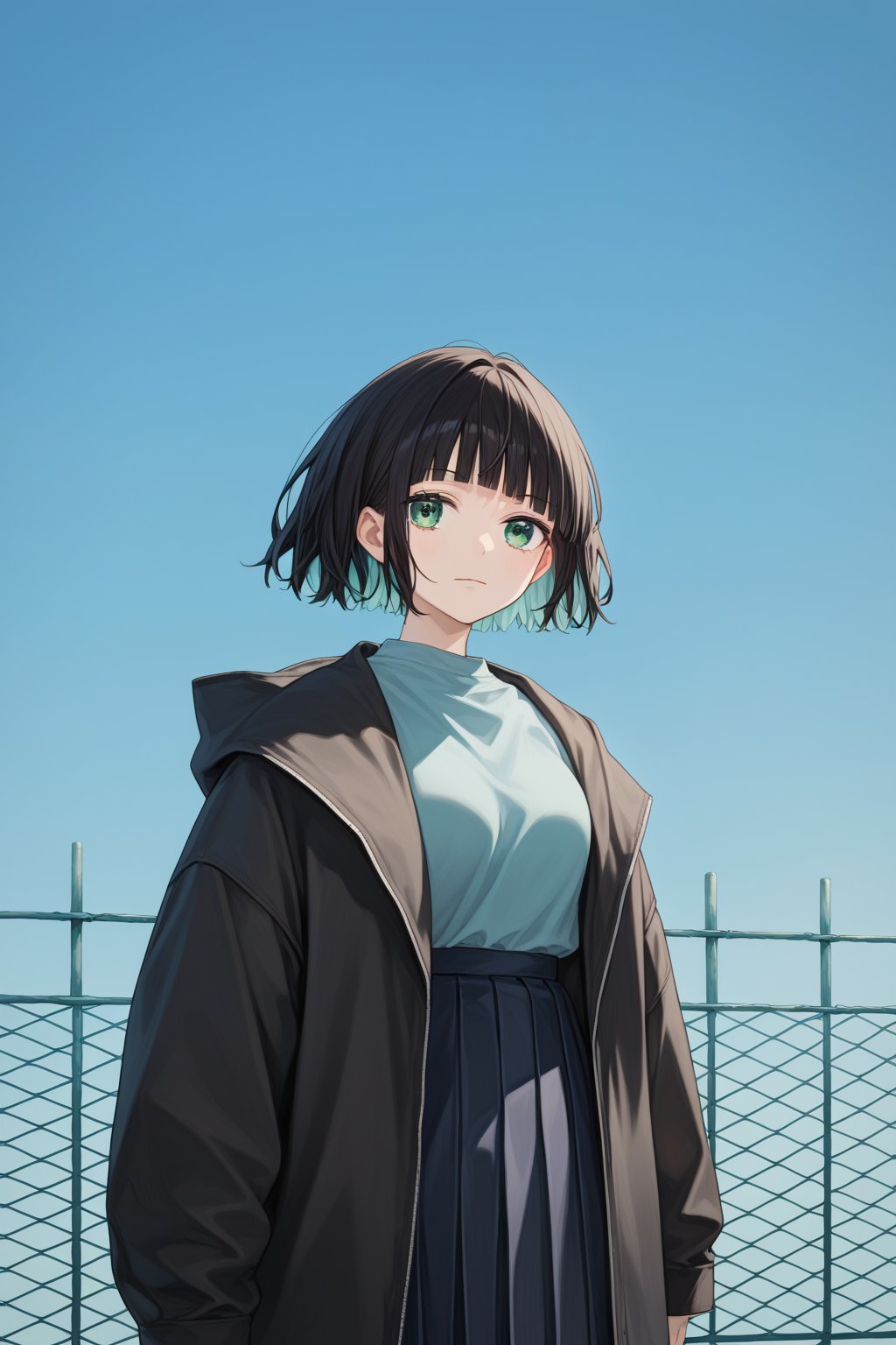 score_9_up,score_8_up, source_anime,solo,1girl,short-hair,multicolored_hair,bangs,skirt,shirt,black hair, long sleeves, green eyes, standing,jacket, upper_body, pleated_skirt, outdoors, open clothes, hood, blunt bangs, black jacket, fence,Nira-Chan,