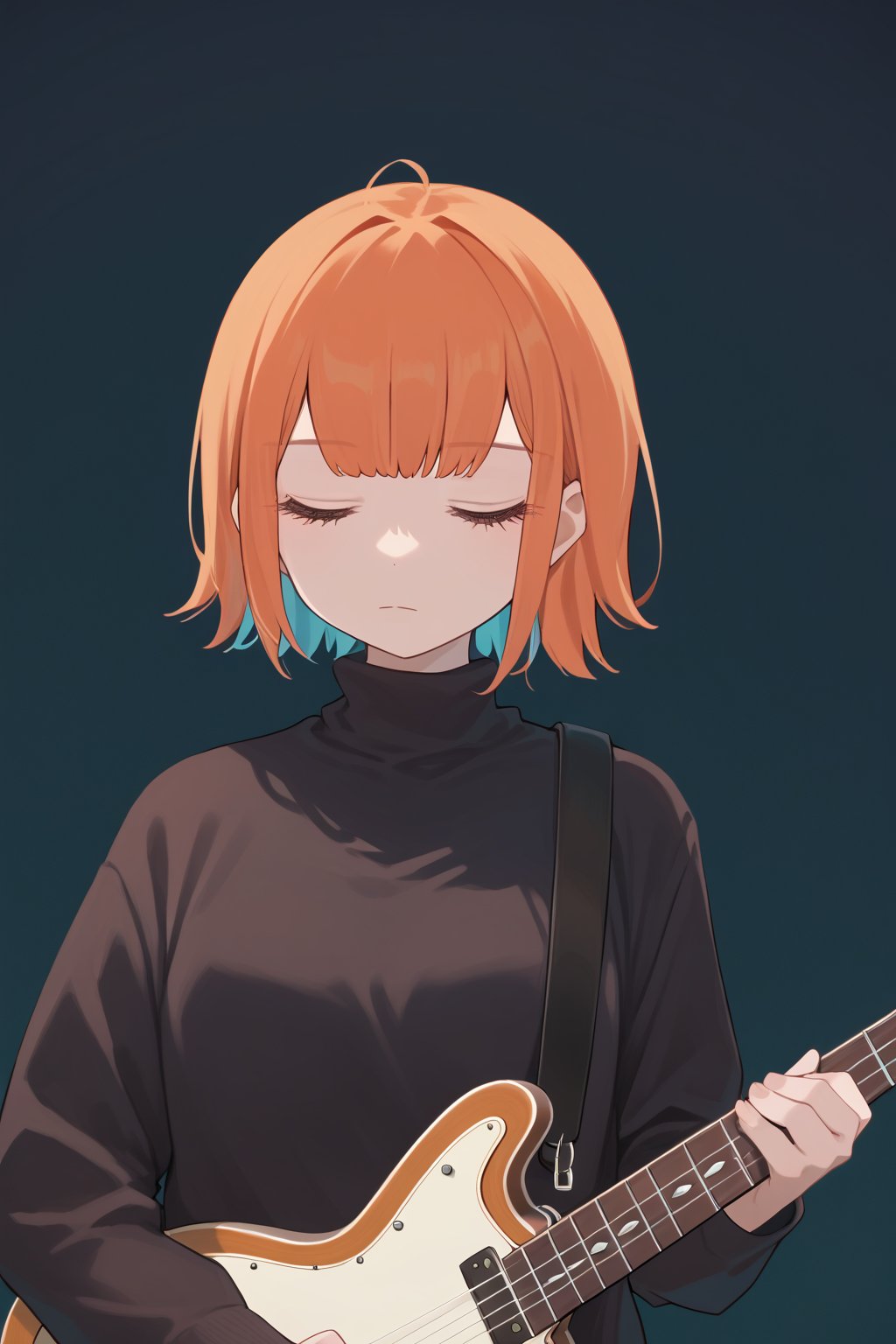 score_9_up,score_8_up, source_anime,solo,1girl ,Orange hair,expressionless,cyan background,Nira-Chan,
, Nira-Chan-StudyMe,closed_eyes,guitar,upper_body,sweater,