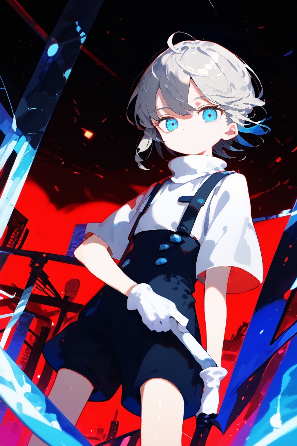 1girl, looking at viewer ,short hair ,bangs ,blue eyes ,gloves ,holding ,closed mouth,short sleeves ,grey hair,shorts ,white gloves ,turtleneck ,expressionless ,suspenders, dutch_angle, (1other),cowboy_shot,shovel_grab,red_theme
 
,Nira-Chan, flat style, Colorful art, Vivid Colors,spot_colors, masterpiece, best quality, amazing quality, very aesthetic, absurdres, depth of field, score_9, score_8, score_7, score_6,