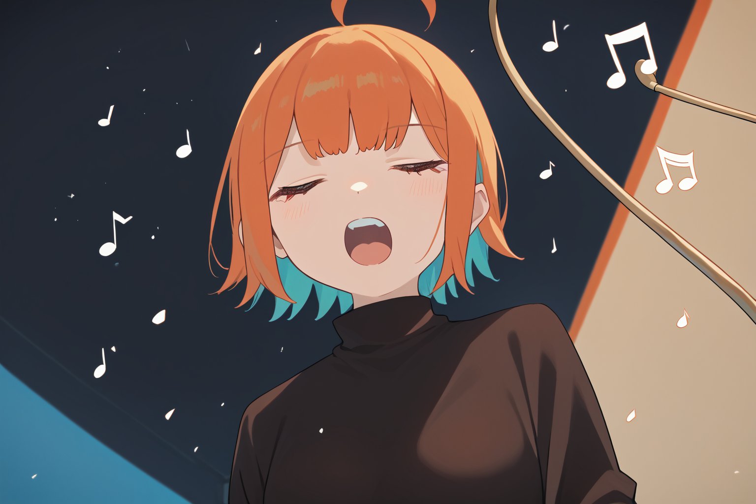 score_9_up,score_8_up, source_anime,solo,1girl ,Orange hair,Nira-Chan, Nira-Chan-StudyMe,singing,upper_body,long_sleeves,