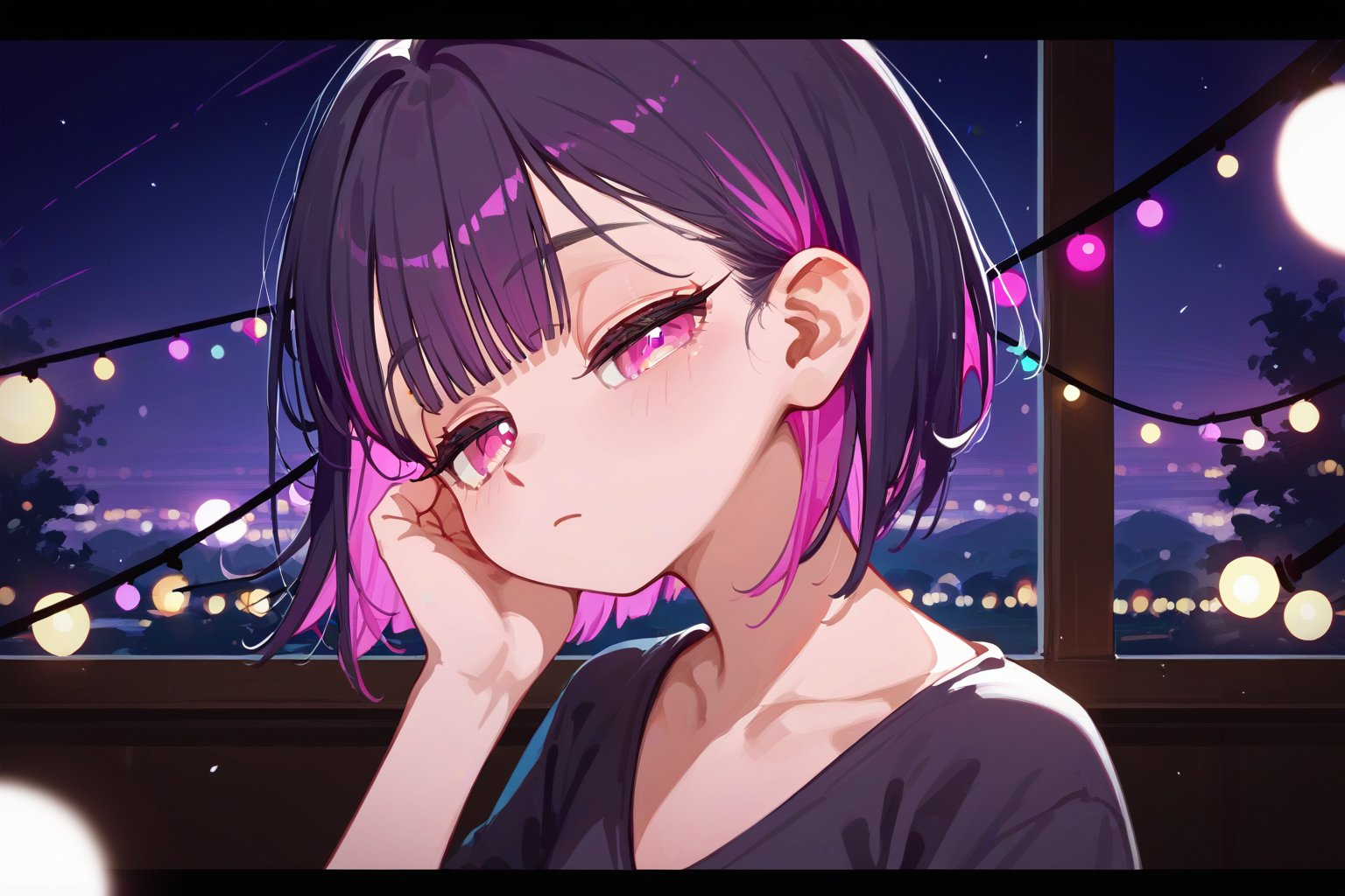 score_9_up,score_8_up, source_anime, (solo),1girl,night,room,

 ,short hair, blunt bangs, black hair, closed mouth, pink eyes, purple hair, multicolored hair, two-tone hair,half closed eyes, portrait,purple lights,

,Nira-Chan-StudyMe,