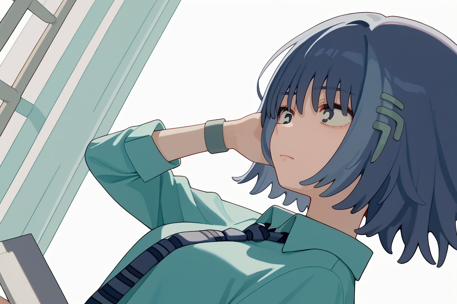 score_9_up,score_8_up, source_anime,solo,1girl, , short hair, closed mouth, blue hair, collared_shirt,white_shirt,tie,Nira-Chan