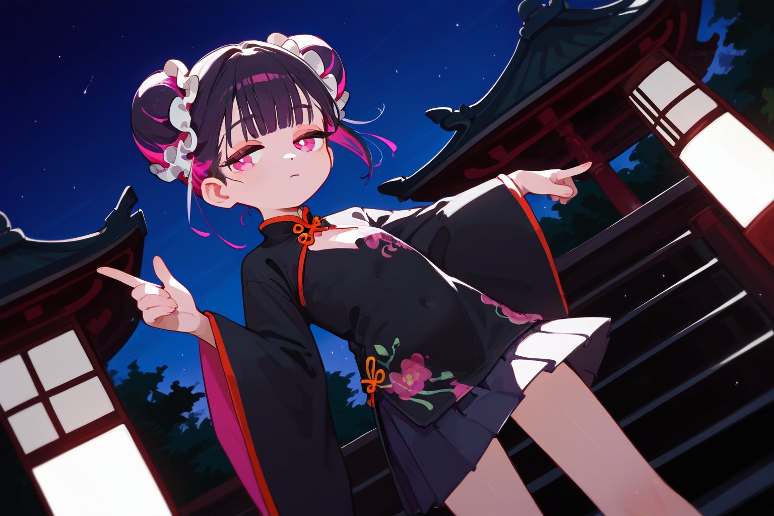 score_9_up,score_8_up, source_anime, (solo),1girl, vanishing point,atmospheric perspective, dutch angle,three quarter view,night,

 ,short hair, blunt bangs, black hair, closed mouth, pink eyes, purple hair, multicolored hair, two-tone hair,half closed eyes,skinny,hair_bun,double bun,chinese clothes,wide sleeves,pleated skirt,long sleeves,shirt,black shirt,skirt,


,Nira-Chan-StudyMe,