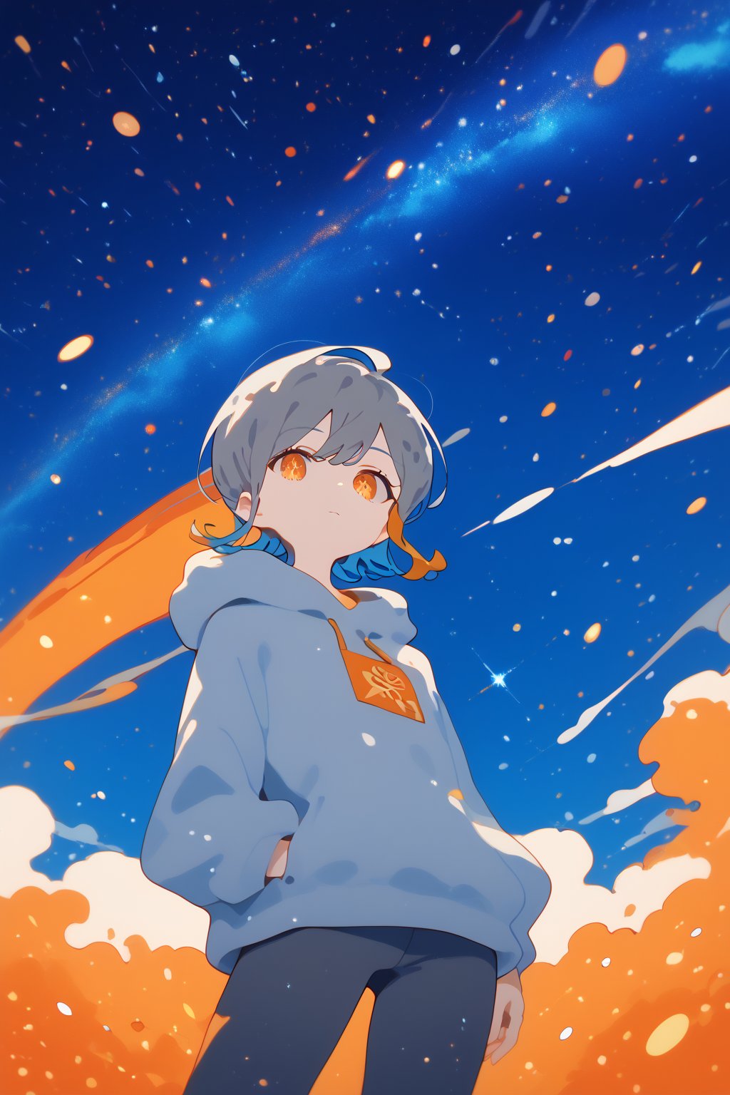 ,solo,1girl,short-hair,multicolor_hair,two-tone-hair,(grey_hair),orange_hair,bangs,cowboy_shot,grey_hoodie,pants,dutch_angle,from_below,night,orange_eyes,particles,orange sky,background detail,standing,


,Nira-Chan,Colorful art,Vivid Colors,spot_colors, score_9, score_8, score_7, score_6