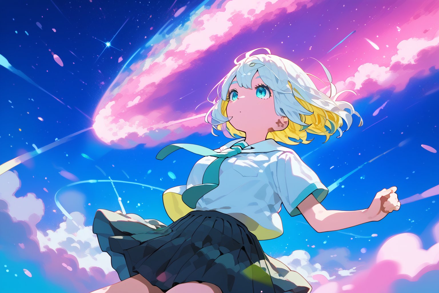 ,solo,1girl, short-hair, multicolor_hair, two-tone-hair, ((white_hair)), yellow_hair, bangs, dutch_angle, night, particles, pink sky, background detail, skirt, pleated_skirt, shirt,   necktie, short sleeves, school uniform, floating, falling, jumping,


,Nira-Chan,Colorful art,Vivid Colors,spot_colors, score_9, score_8, score_7, score_6