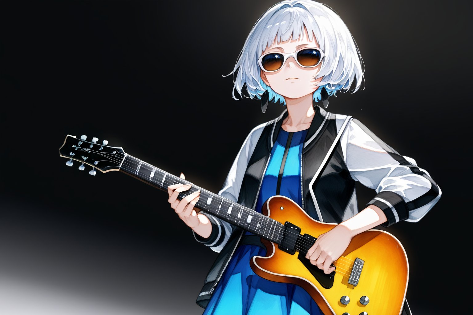 score_9_up,score_8_up, source_anime,solo,1girl,short-hair,bangs,long_sleeves,blue_dress,short_dress,standing,jacket,white_hair,blunt_bangs,black_jacket,sunglasses,cowboy_shot,dutch_angle,Nira-Chan,watercolor,SelectiveColorStyle,guitar,