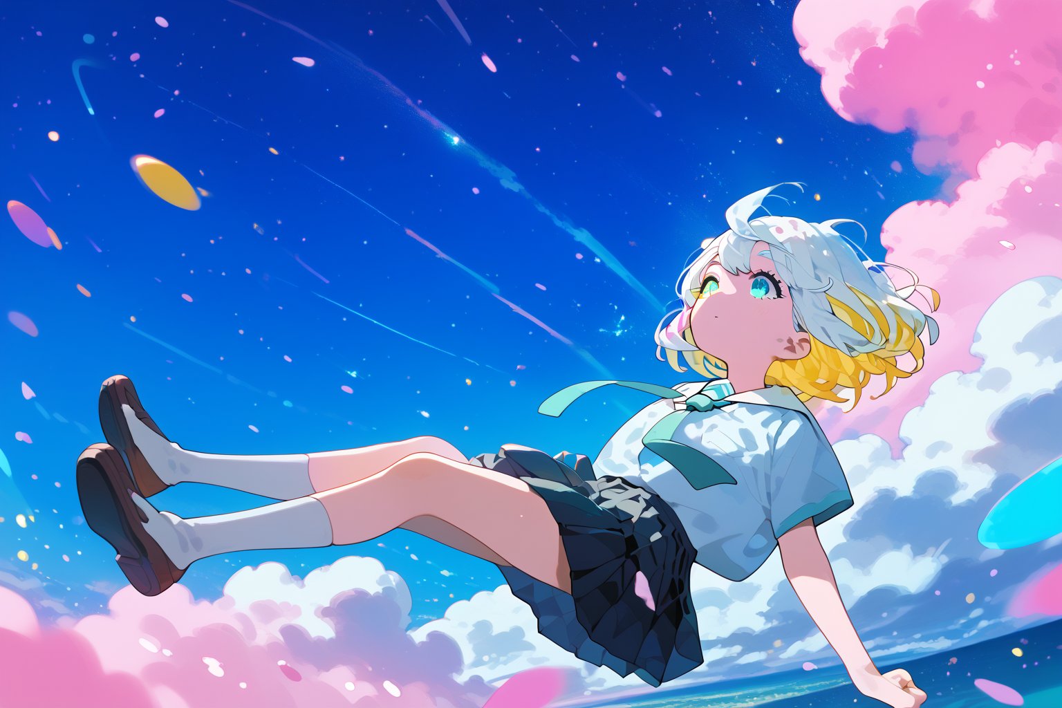 ,solo,1girl, short-hair, multicolor_hair, two-tone-hair, ((white_hair)), yellow_hair, bangs, dutch_angle, night, particles, pink sky, background detail, skirt, pleated_skirt, shirt,   necktie, short sleeves, school uniform, floating, falling, jumping,


,Nira-Chan,Colorful art,Vivid Colors,spot_colors, score_9, score_8, score_7, score_6