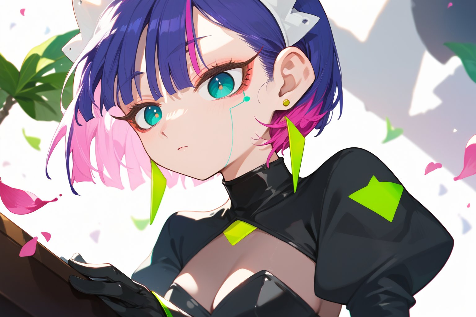 score_9_up,score_8_up, source_anime,solo,1girl, short hair, gloves, purple hair, multicolored hair, black gloves, maid headdress, earrings, Nira-Chan