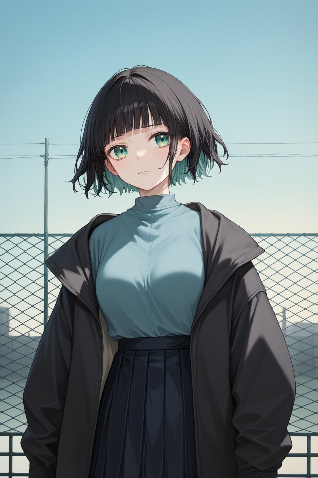 score_9_up,score_8_up, source_anime,solo,1girl,short-hair,multicolored_hair,bangs,skirt,shirt,black hair, long sleeves, green eyes, standing,jacket, upper_body, pleated_skirt, outdoors, open clothes, hood, blunt bangs, black jacket, fence,flashlight,grabbing,Nira-Chan,