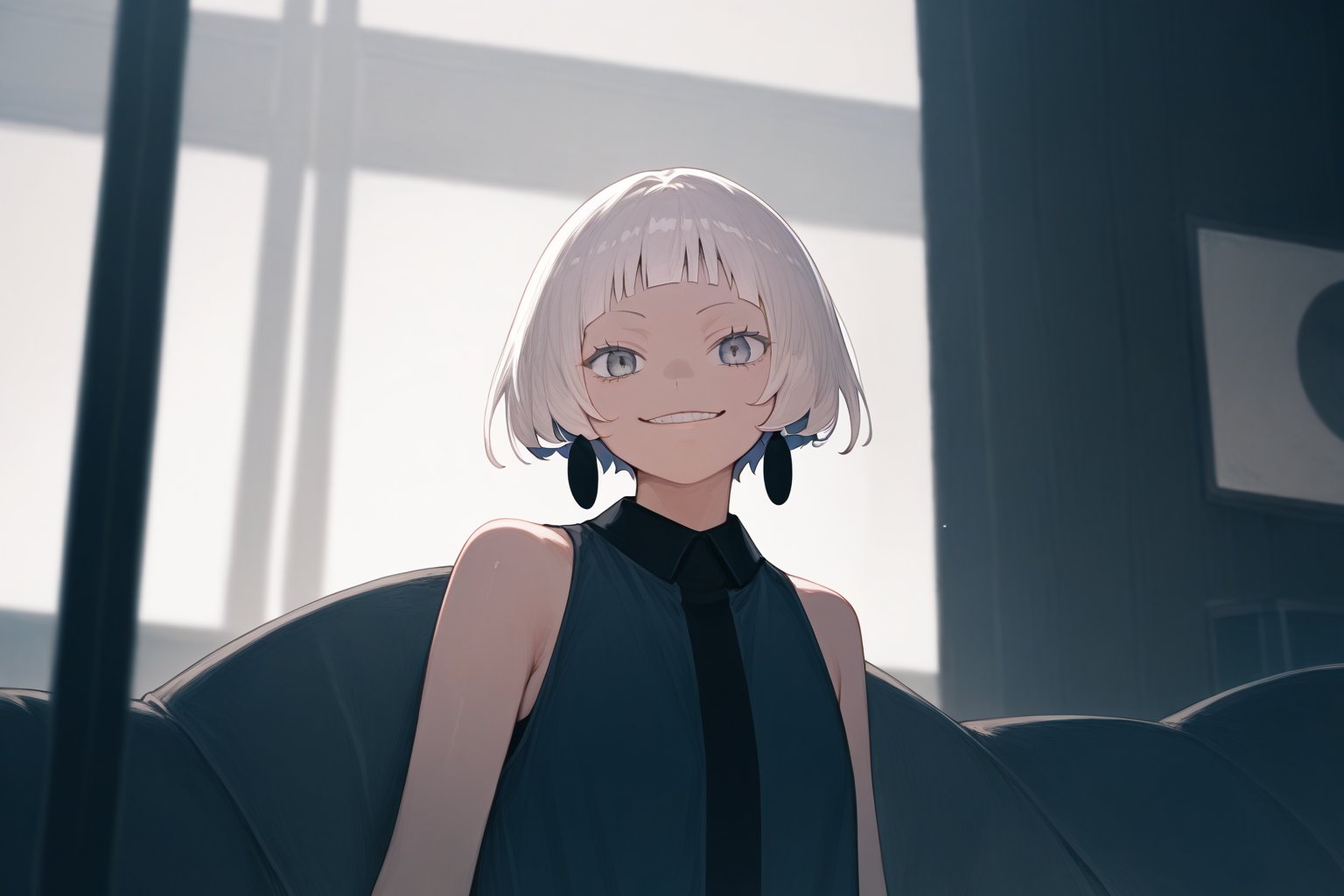 score_9_up,score_8_up, source_anime,solo,1girl,short-hair,bangs,dress,white_hair,blunt_bangs,evil_smile,indoors,Nira-Chan,off_shoulders,sleeveless