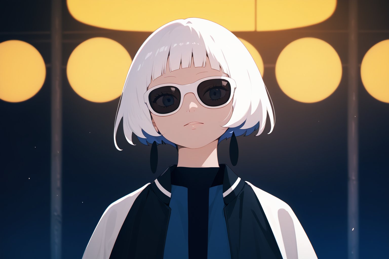 score_9_up,score_8_up, source_anime,solo,1girl,short-hair,bangs,long_sleeves,blue_dress,standing,jacket,white_hair,blunt_bangs,black_jacket,sunglasses,portrait,Nira-Chan