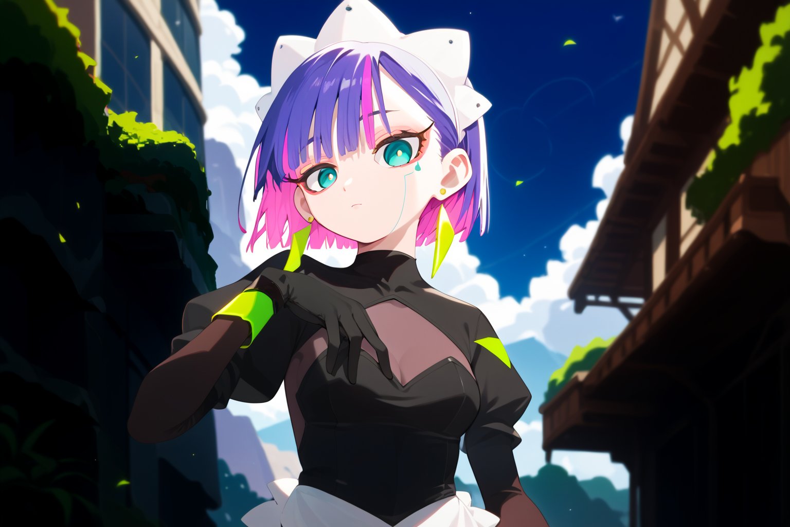 score_9_up,score_8_up, source_anime,solo,1girl, short hair, gloves, purple hair, multicolored hair, black gloves, maid headdress, earrings, Nira-Chan