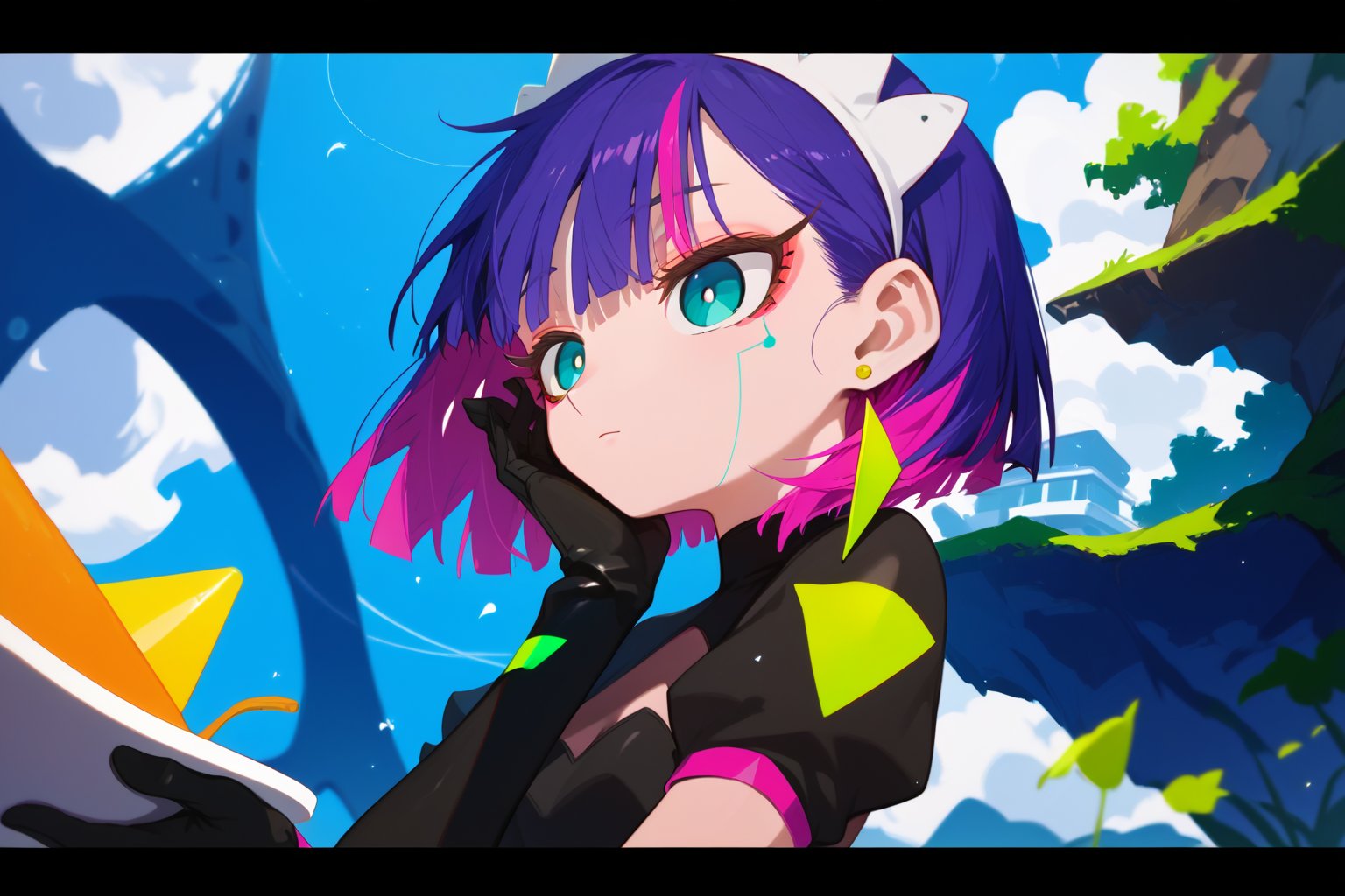 score_9_up,score_8_up, source_anime,solo,1girl, short hair, gloves, purple hair, multicolored hair, black gloves, maid headdress, earrings, Nira-Chan