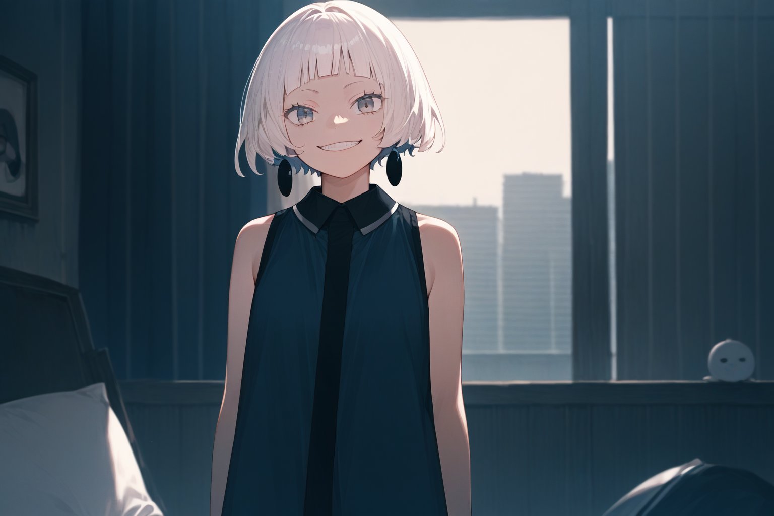 score_9_up,score_8_up, source_anime,solo,1girl,short-hair,bangs,dress,white_hair,blunt_bangs,evil_smile,indoors,Nira-Chan,off_shoulders,sleeveless