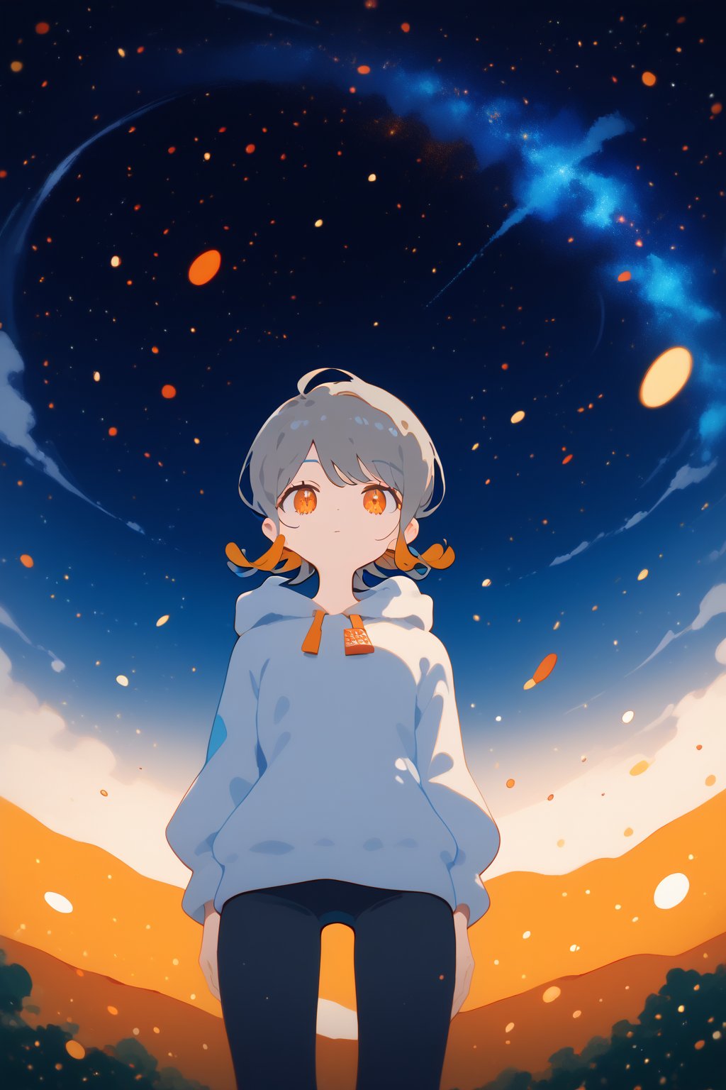 ,solo,1girl,short-hair,multicolor_hair,two-tone-hair,(grey_hair),orange_hair,bangs,cowboy_shot,grey_hoodie,pants,dutch_angle,from_below,night,orange_eyes,particles,orange sky,background detail,


,Nira-Chan,Colorful art,Vivid Colors,spot_colors, score_9, score_8, score_7, score_6