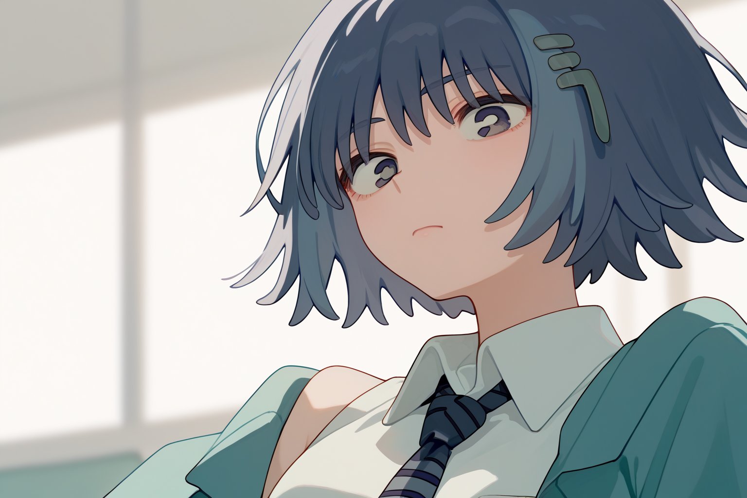 score_9_up,score_8_up, source_anime,solo,1girl, , short hair, closed mouth, blue hair, collared_shirt,white_shirt,tie,Nira-Chan