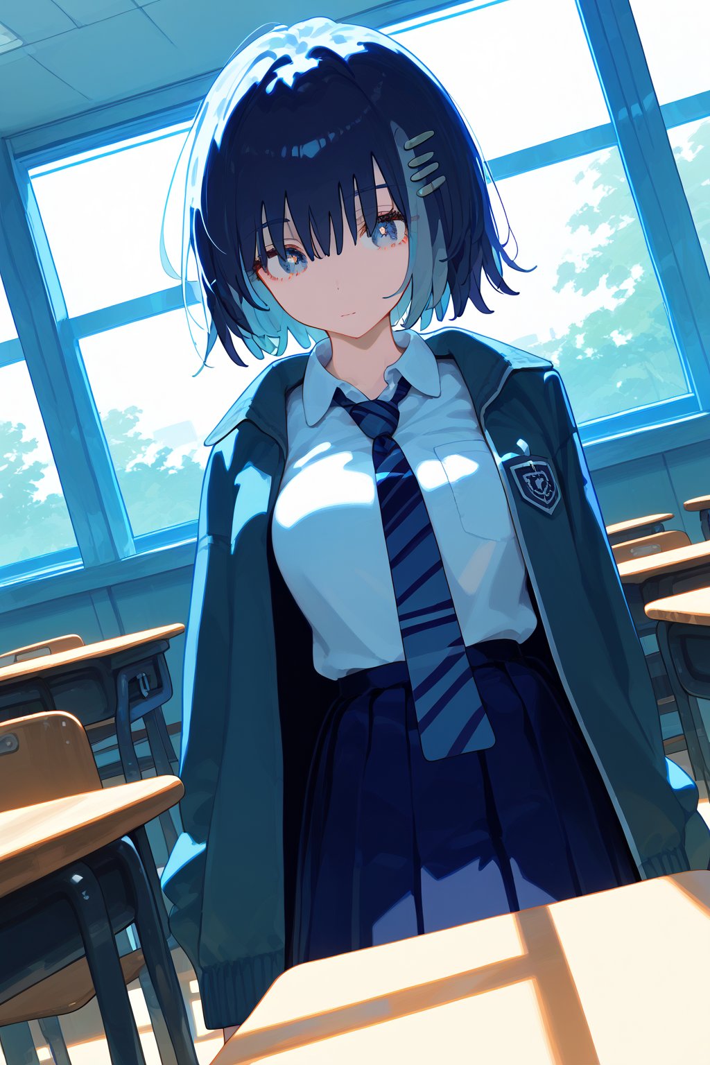 solo,1girl, short hair, closed mouth, collared_shirt,white_shirt,tie,school,dutch_angle,skirt,pleated_skirt, room, school,jacket,


,Nira-Chan,Colorful art,Vivid Colors,spot_colors, score_9, score_8, score_7, score_6