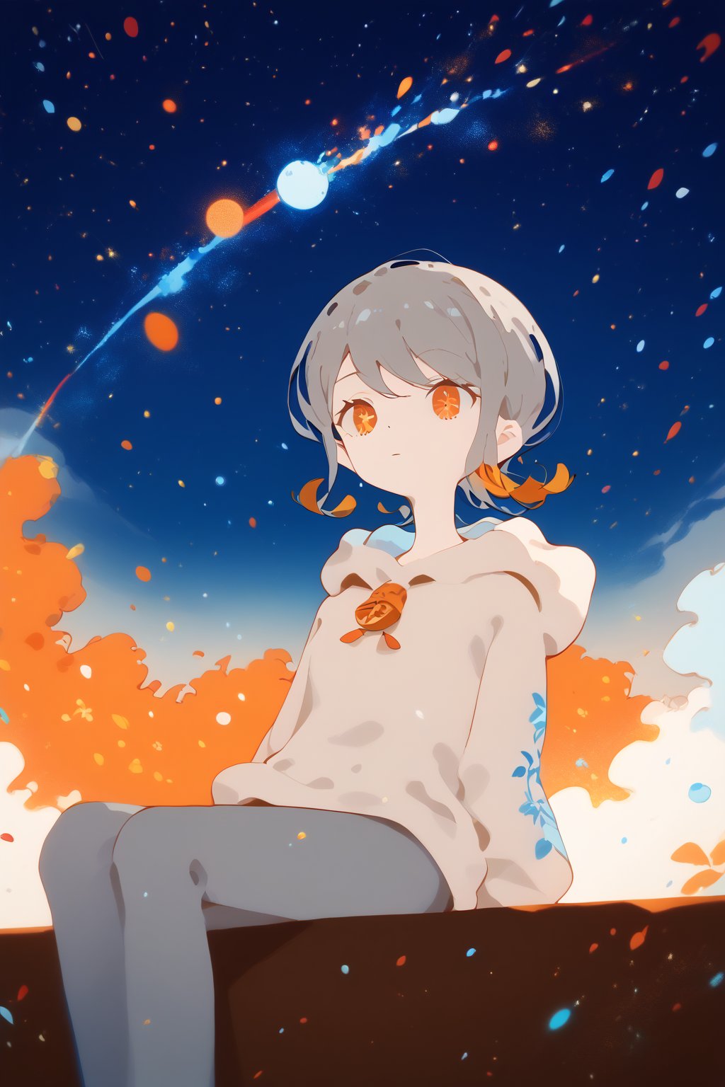 ,solo,1girl,short-hair,multicolor_hair,two-tone-hair,(grey_hair),orange_hair,bangs,cowboy_shot,((grey_hoodie)),pants,dutch_angle,from_below,night,orange_eyes,particles,orange sky,background detail,sitting,


,Nira-Chan,Colorful art,Vivid Colors,spot_colors, score_9, score_8, score_7, score_6