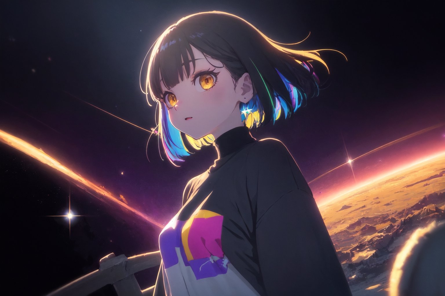 (Original Character, Highest Quality, Amazing Details:1.25),Volumetric Lighting, Best Shadows, Shallow Depth of Field,solo,1girl,

, yellow eyes, black hair, colorful_hair,upper_body,sweater,space,stars,void,
,hanabushi,vanishing point,atmospheric perspective, dutch angle,three quarter view,