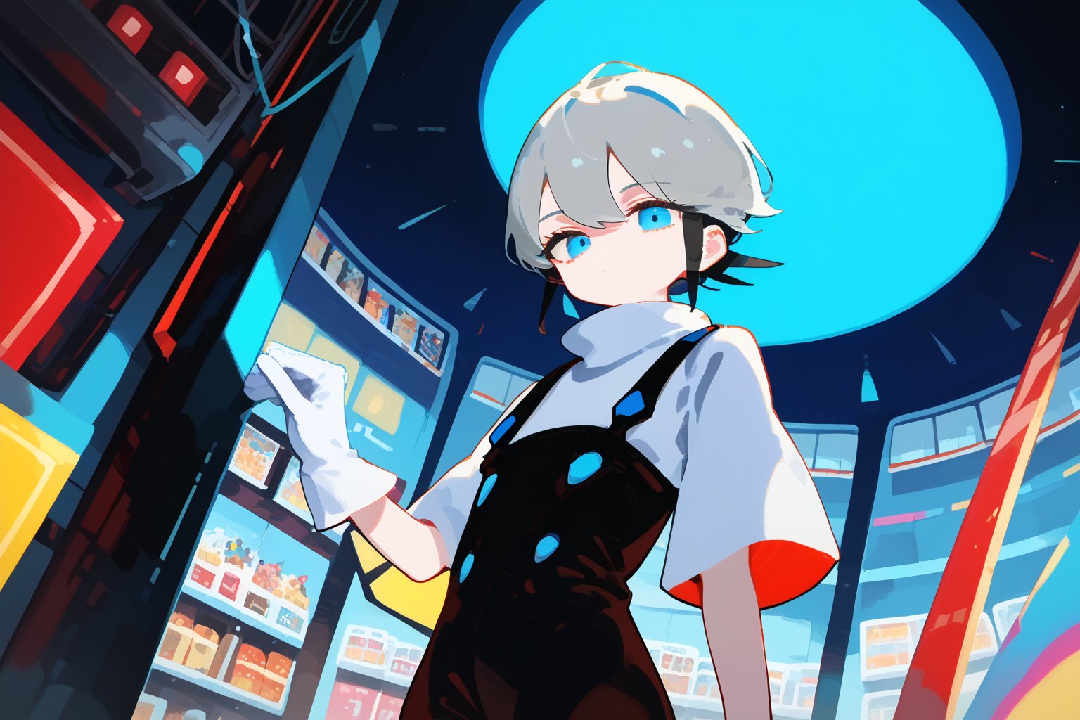 1girl, looking at viewer ,short hair ,bangs ,blue eyes ,gloves ,holding ,closed mouth,short sleeves ,grey hair,shorts ,white gloves ,turtleneck ,expressionless ,suspenders, dutch_angle, (1other),cowboy_shot,indoors,
 
,Nira-Chan, flat style, Colorful art, Vivid Colors,spot_colors, masterpiece, best quality, amazing quality, very aesthetic, absurdres, depth of field, score_9, score_8, score_7, score_6,