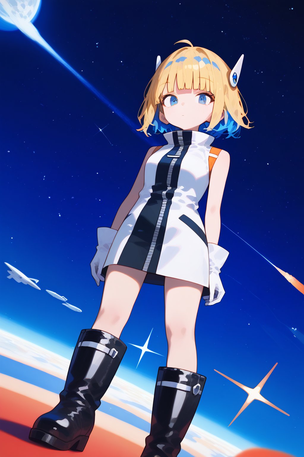 solo,1girl,short-hair,blonde hair,blue hair,multicolored hair,two-tone hair,gloves,standing,sleeveless,white gloves,blue eyes,bangs,blunt_bangs,short dress,knee boots,black footwear,boots,dutch_angle,emotionless,outer_space,

,Nira-Chan, flat style, Colorful art, Vivid Colors,spot_colors, masterpiece, best quality, amazing quality, very aesthetic, absurdres, depth of field, score_9, score_8, score_7, score_6,SelectiveColorStyle