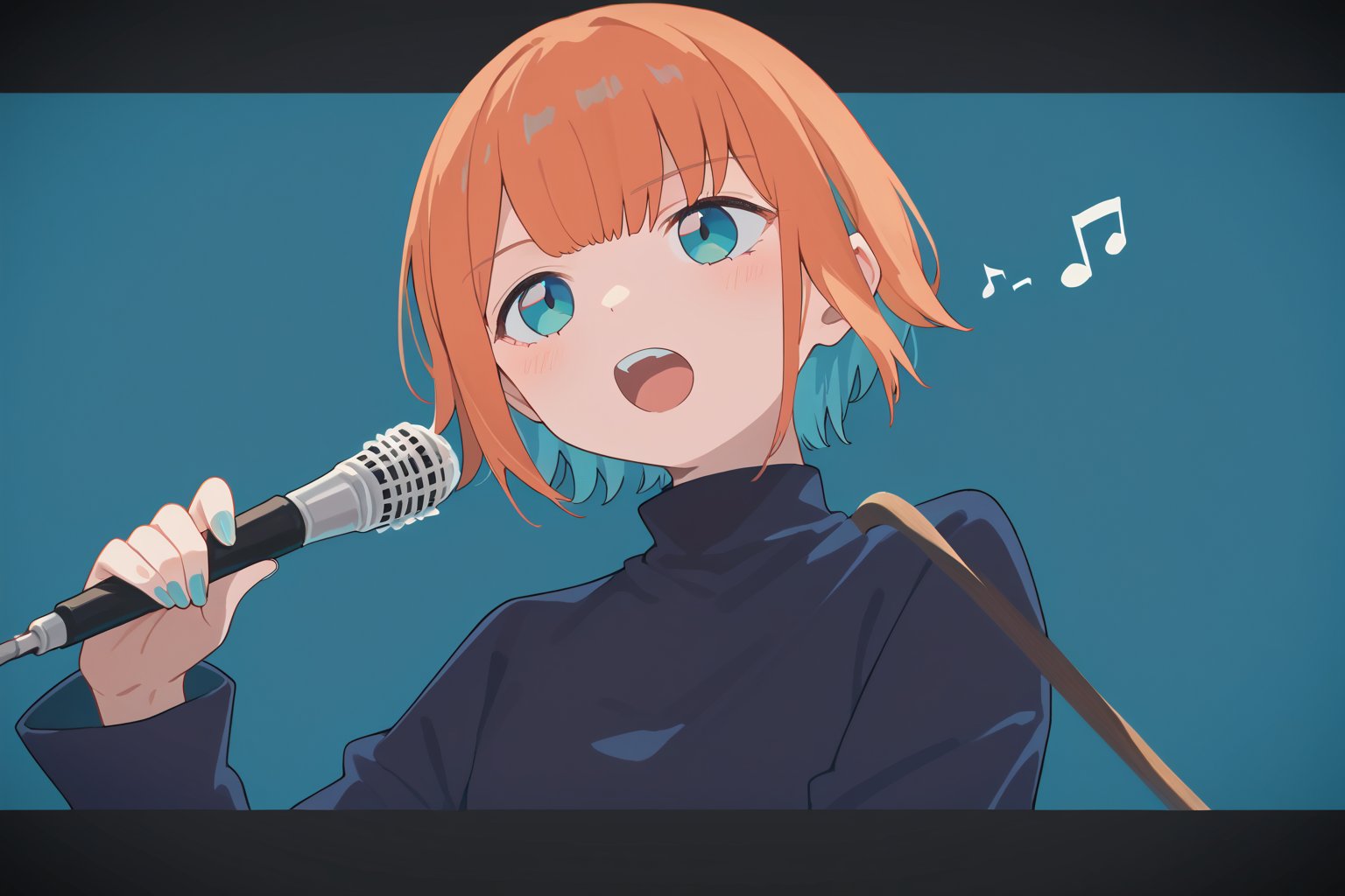 score_9_up,score_8_up, source_anime,solo,1girl ,Orange hair,cyan background,Nira-Chan,
, Nira-Chan-StudyMe,singing,upper_body,long_sleeves,