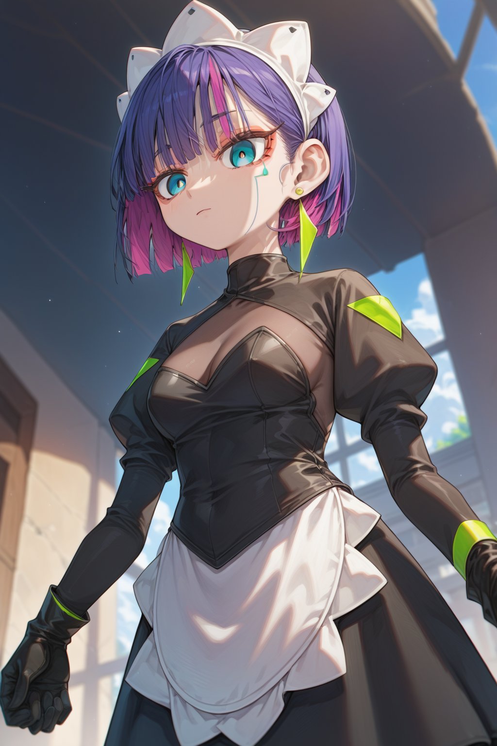 score_9_up,score_8_up, source_anime,solo,1girl, short hair, gloves, purple hair, multicolored hair, black gloves, maid headdress, earrings,, dutch_angle,standing, from below, Nira-Chan