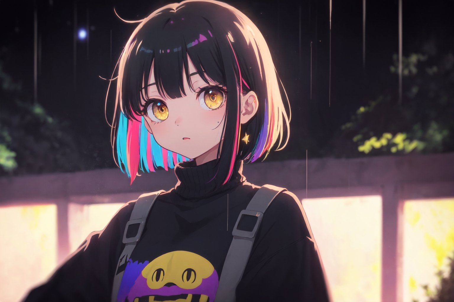 (Original Character, Highest Quality, Amazing Details:1.25),Volumetric Lighting, Best Shadows, Shallow Depth of Field,solo,1girl,

, yellow eyes, black hair, colorful_hair,upper_body,sweater,space,stars,void,
,hanabushi,raining,