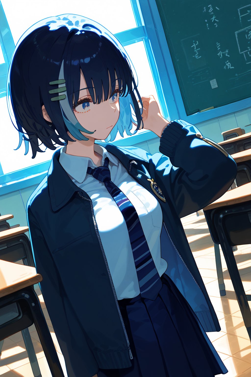 solo,1girl, short hair, closed mouth, collared_shirt,white_shirt,tie,school,dutch_angle,skirt,pleated_skirt, room, school,jacket,


,Nira-Chan,Colorful art,Vivid Colors,spot_colors, score_9, score_8, score_7, score_6