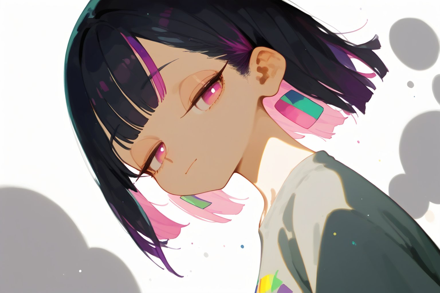 score_9_up,score_8_up, source_anime, (solo),1girl, simple_background , dutch angle,

 ,short hair, blunt bangs, black hair, closed mouth, pink eyes, purple hair, multicolored hair, two-tone hair,half closed eyes,grey shirt,looking_at_viewer,

,Nira-Chan-StudyMe,purple SelectiveColorStyle,Colorful art,watercolor