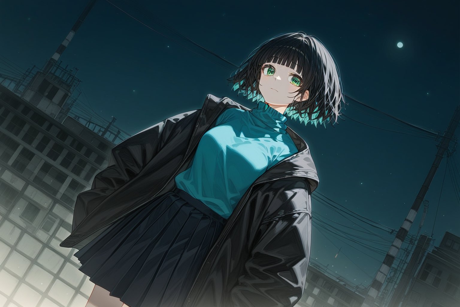 score_9_up,score_8_up, source_anime,solo,1girl,short-hair,multicolored_hair,bangs,skirt,shirt,black hair, long sleeves, green eyes,dutch_angle, full_body, pleated_skirt, open clothes, hood, blunt bangs, black jacket,choker,night,turtleneck,Nira-Chan,