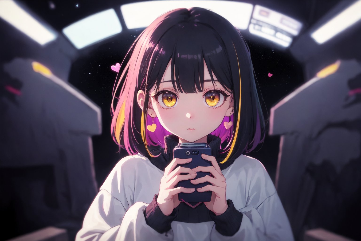 (Original Character, Highest Quality, Amazing Details:1.25),Volumetric Lighting, Best Shadows, Shallow Depth of Field,solo,1girl,

, yellow eyes, black hair, colorful_hair,sweater,space,stars,void,
,hanabushi,hearts,