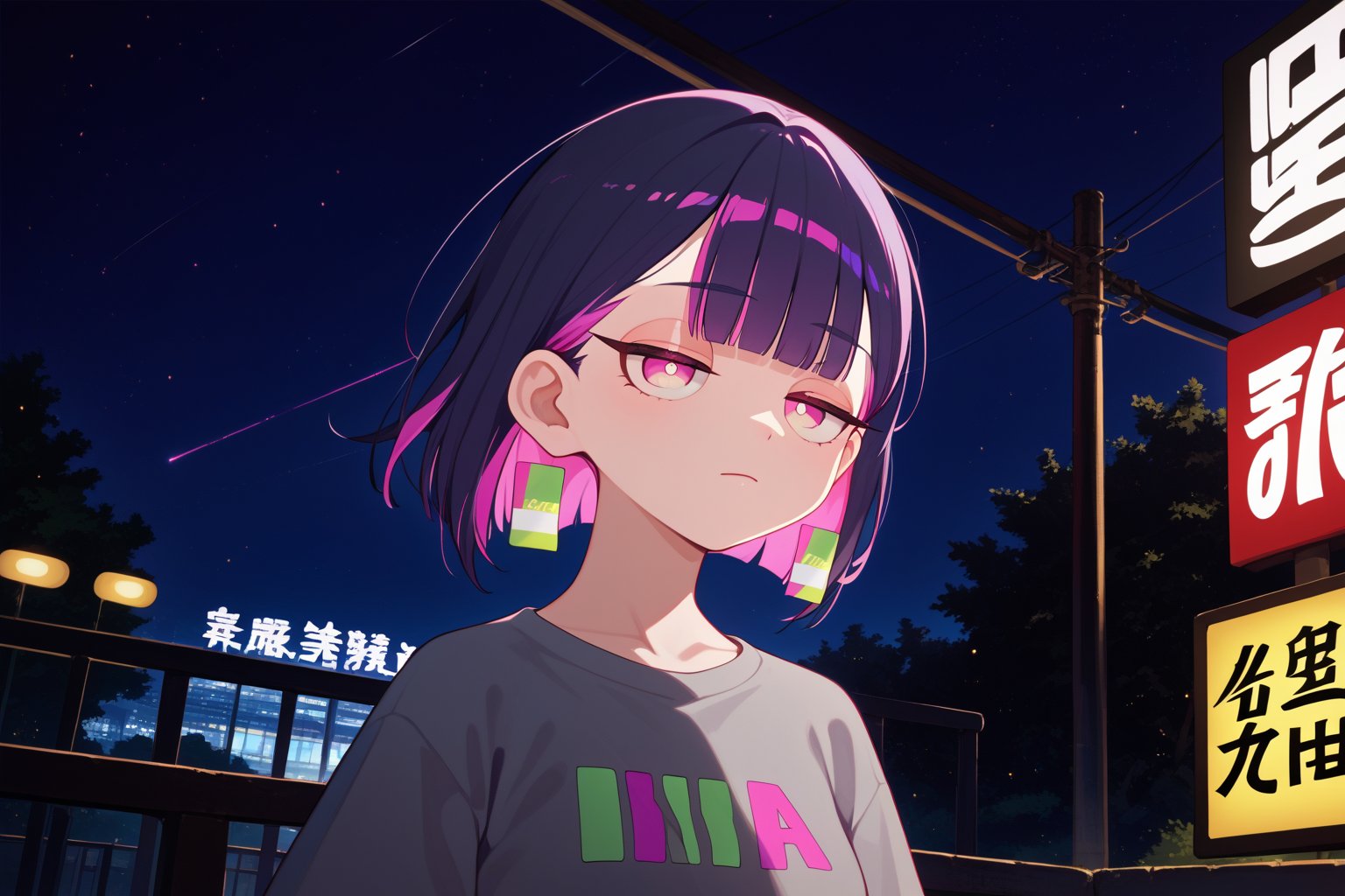 score_9_up,score_8_up, source_anime, (solo),1girl, vanishing point,atmospheric perspective, dutch angle,three quarter view,night, ,short hair, blunt bangs, black hair, closed mouth, pink eyes, purple hair, multicolored hair, two-tone hair,half closed eyes, portrait, ,Nira-Chan-StudyMe,grey_shirt,
