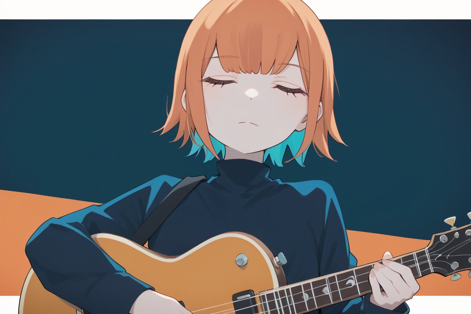 score_9_up,score_8_up, source_anime,solo,1girl ,Orange hair,expressionless,cyan background,Nira-Chan,
, Nira-Chan-StudyMe,closed_eyes,guitar,upper_body,long_sleeves,