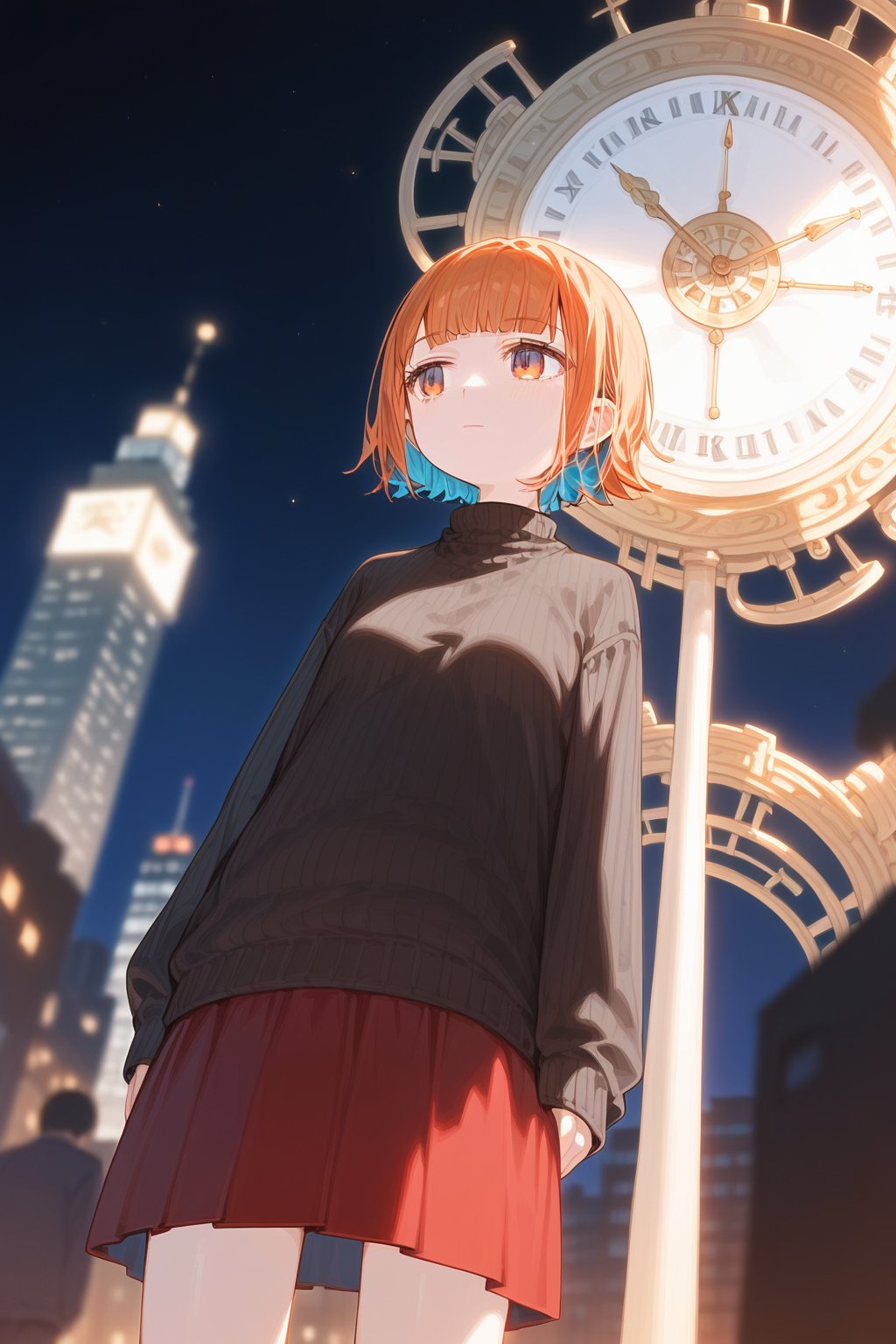 score_9_up,score_8_up, source_anime, (solo),1girl, dutch angle,night,city,short hair, blunt bangs, Orange hair,expressionless,one_hand_raised,Nira-Chan-StudyMe,red skirt,black sweater,from_below,cowboy_shot,standing,clock,Nira-Chan