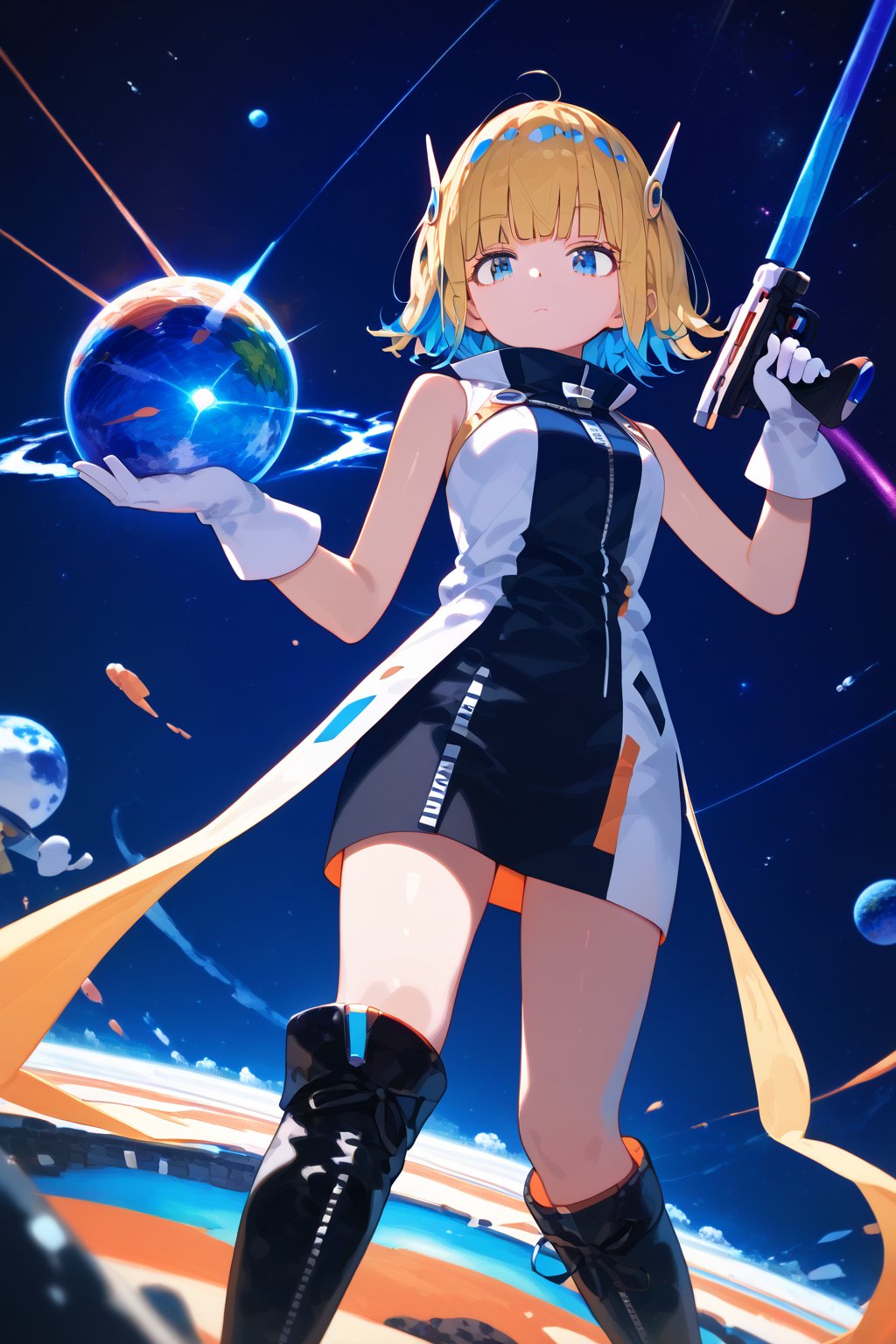 solo,1girl,short-hair,blonde hair,blue hair,multicolored hair,two-tone hair,gloves,standing,sleeveless,white gloves,blue eyes,bangs,blunt_bangs,short dress,knee boots,black footwear,boots,dutch_angle,emotionless,outer_space,

,Nira-Chan, flat style, Colorful art, Vivid Colors,spot_colors, masterpiece, best quality, amazing quality, very aesthetic, absurdres, depth of field, score_9, score_8, score_7, score_6,