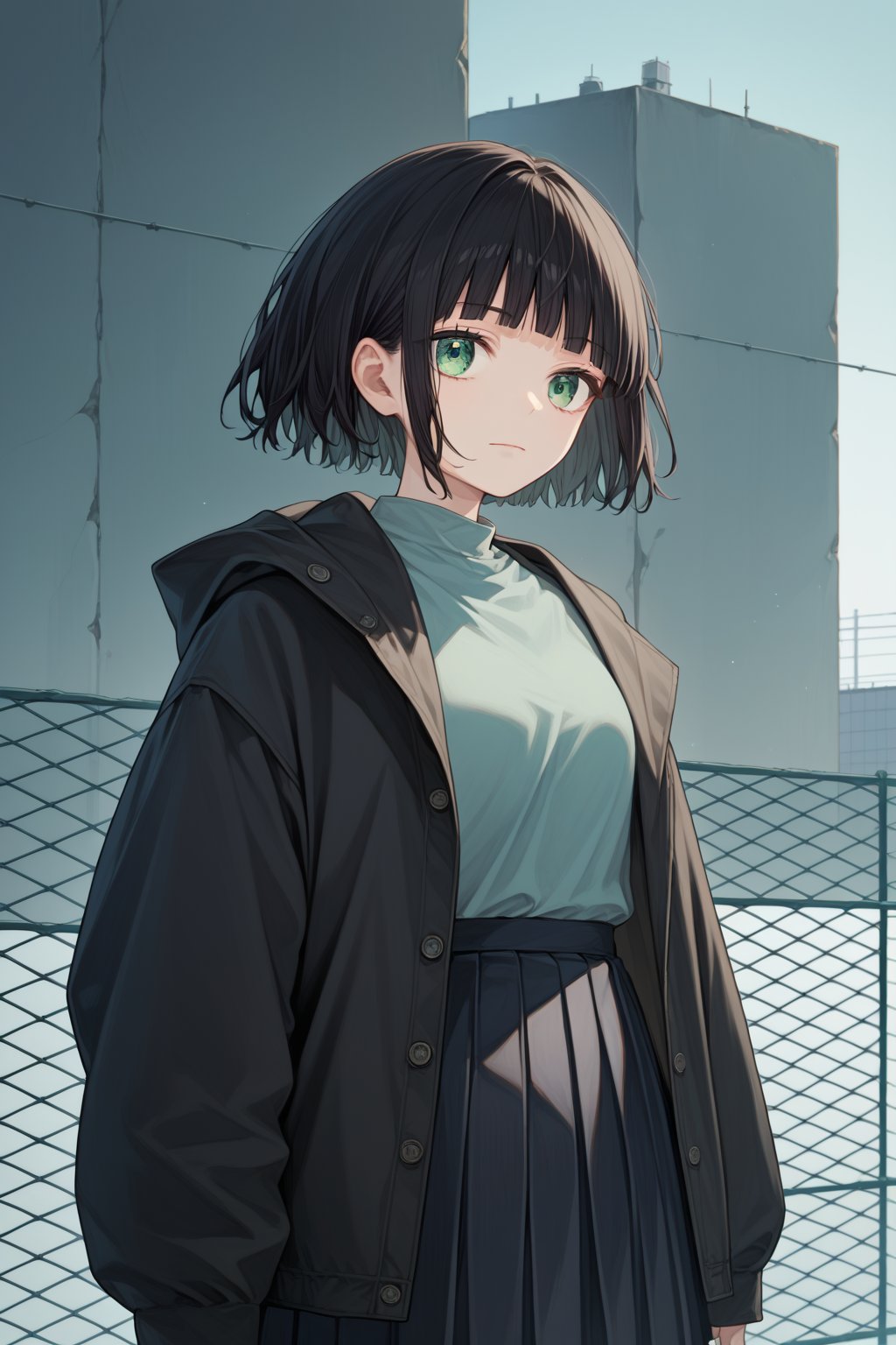 score_9_up,score_8_up, source_anime,solo,1girl,short-hair,bangs,skirt,shirt,black hair, long sleeves, green eyes, standing,jacket, upper_body, pleated_skirt, outdoors, open clothes, hood, blunt bangs, black jacket, fence,Nira-Chan