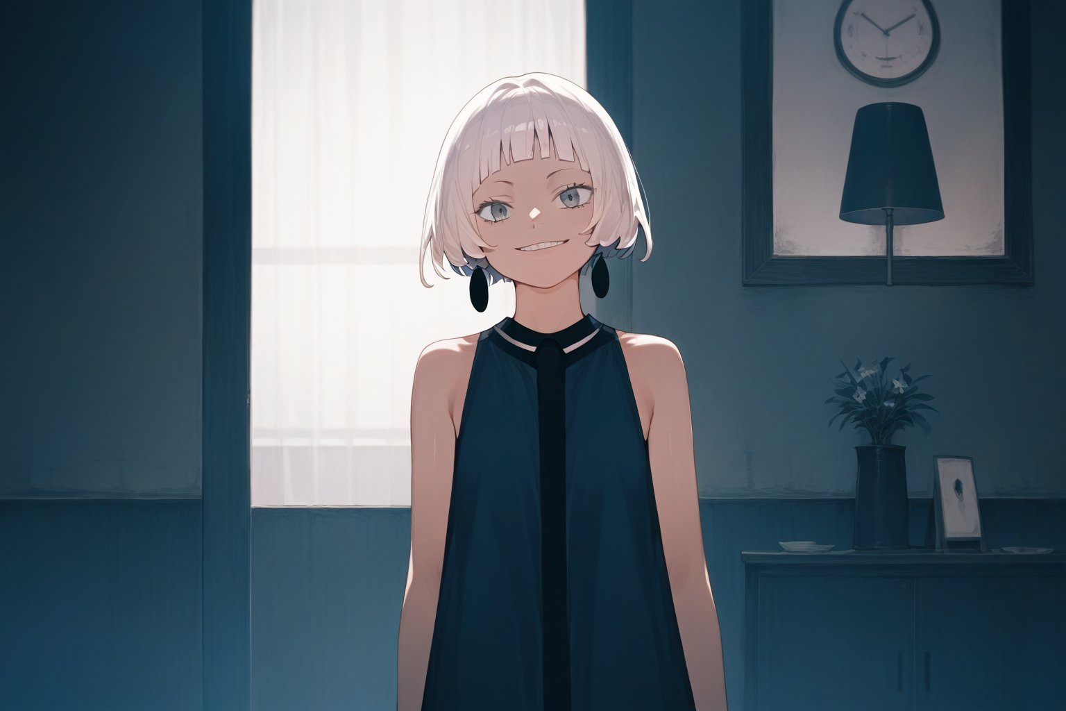 score_9_up,score_8_up, source_anime,solo,1girl,short-hair,bangs,dress,white_hair,blunt_bangs,evil_smile,indoors,Nira-Chan,off_shoulders,sleeveless