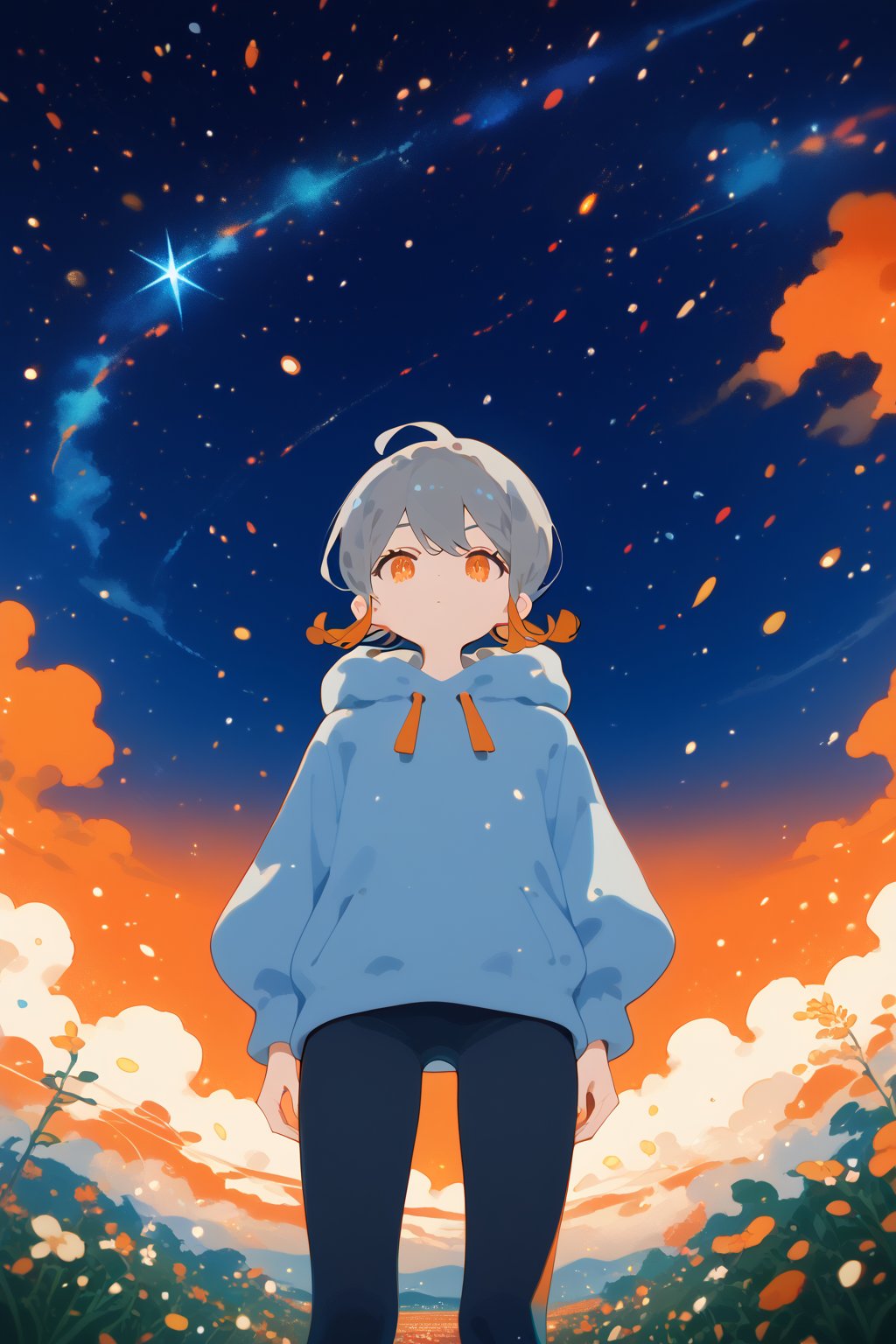 ,solo,1girl,short-hair,multicolor_hair,two-tone-hair,(grey_hair),orange_hair,bangs,cowboy_shot,grey_hoodie,pants,dutch_angle,from_below,night,orange_eyes,particles,orange sky,background detail,standing,


,Nira-Chan,Colorful art,Vivid Colors,spot_colors, score_9, score_8, score_7, score_6