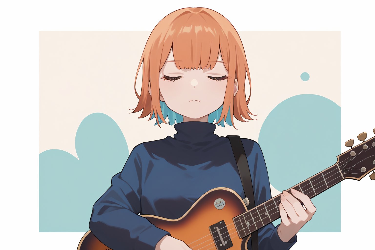 score_9_up,score_8_up, source_anime,solo,1girl ,Orange hair,expressionless,cyan background,Nira-Chan,
, Nira-Chan-StudyMe,closed_eyes,guitar,upper_body,sweater,