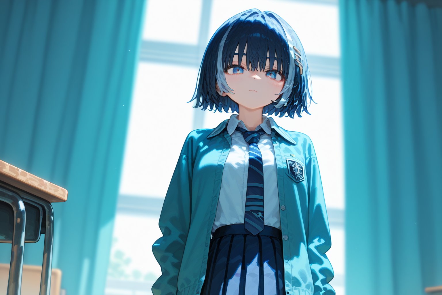 solo,1girl, short hair, closed mouth, collared_shirt,white_shirt,tie,school,dutch_angle,skirt,pleated_skirt, room, school,jacket,

,Nira-Chan, masterpiece, best quality, amazing quality, very aesthetic, absurdres, depth of field, score_9, score_8, score_7, score_6