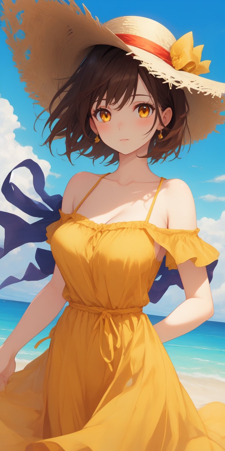 Highly detailed, High Quality, beautiful and cute female, brown short hime cut hair, yellow eyes, beautiful and long sundress, large staw hat, masterpiece, medium breasts,masterpiece