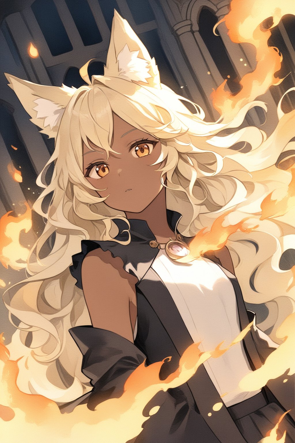 1girl, wolf girl, demi human, dark skinned woman, wolf ears, messy and wavy blonde hair, upperbody angle, in a mansion, fire magic