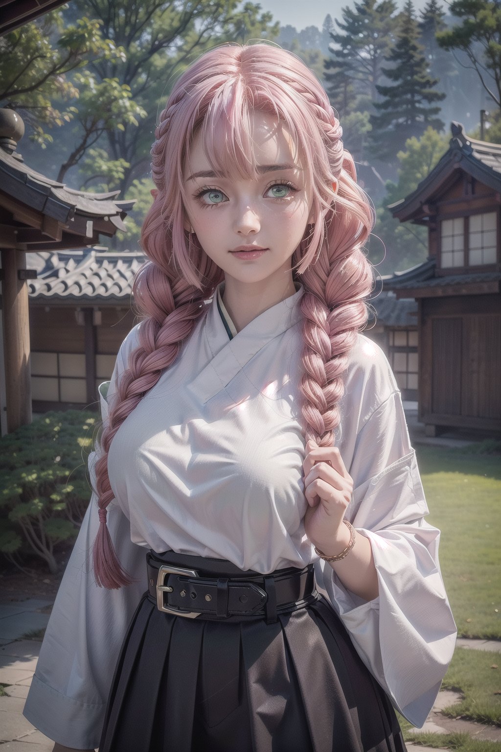 (8k, RAW photo, photorealistic:1.25), (huge breasts), (highly detailed Caucasian skin:1.2), (1girl, solo, long hair, breasts, looking at viewer, blush, smile, bangs, skirt, long sleeves, hair between eyes, closed mouth, green eyes, upper body, pink hair, braid, multicolored hair, outdoors, japanese clothes, green hair, day, belt, black skirt, twin braids, two-tone hair, tree, gradient hair, haori, white belt, demon slayer uniform, kanroji mitsuri), A close up of the person, well lit, outdoor, ulzzang, ((looking at viewer)), Serene and goddess-like,ChopioMitsuri