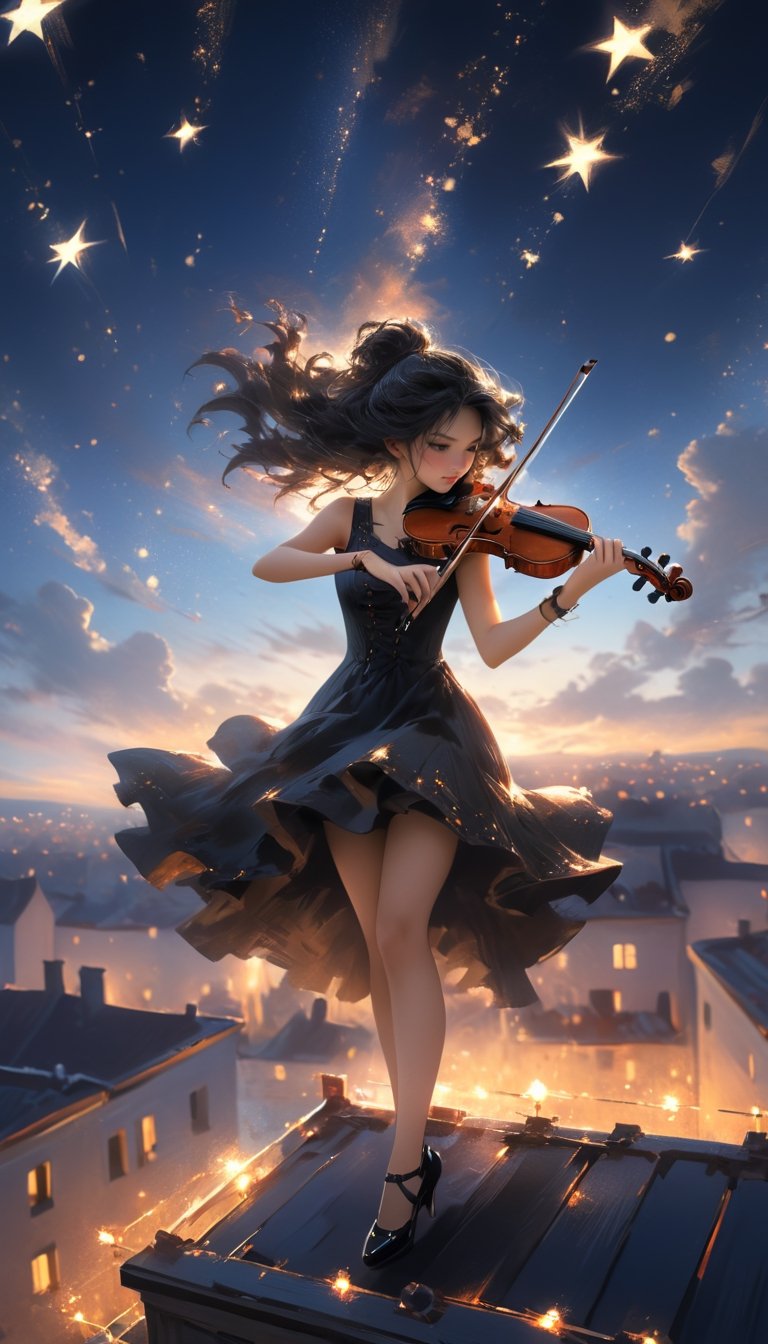 ((masterpiece, quality, wide photo angle)), 1 girl, standing on the roof of a building, solo, Vintage hairstyle, black hair, dress, sleeveless, black dress, high heels, sleeveless dress, instrument, ((playing violin1.3)), real hands, night, stars, wind blows