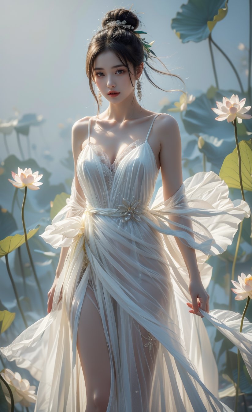 ((best quality)), ((masterpiece)), (detailed), (realistic),lotus, 1girl, black hair, flower, dress, solo, blue dress,(tulle:1.2), hair bun, single hair bun, reflection,  eyes, medium breast,  water, white-skinned female, white skin, bare shoulders, facing viewer, grey background, sleeveless dress, standing