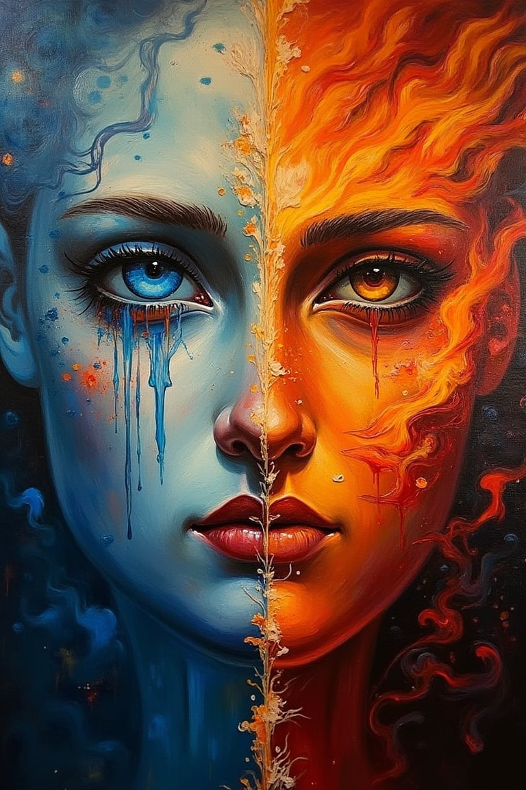 (oil painting), The Face of Creation and Destruction: In an eternal cycle, a face that creates and destroys, an eye that sheds tears becomes a world of beauty and light, fire the other burns and destroys, representing the two forces of creation and destruction. Art,oilpaint1